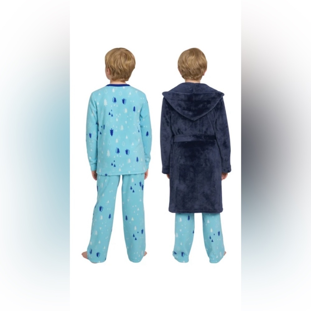 NWT Lands' End Light Blue Kids 3Piece Pajama Set with Dark Blue Robe - Picture 3 of 9